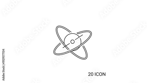 Minimalist atom structure icon, science and physics concept, isolated white background.