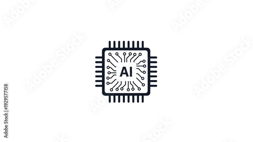 Artificial intelligence AI microchip icon in black and white, isolated white background.