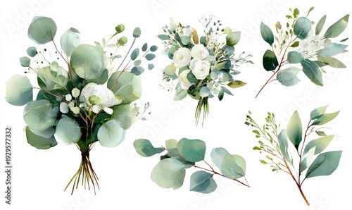 Watercolor floral arrangements with eucalyptus, greenery, and white flowers on white