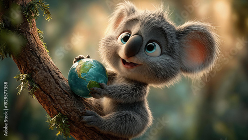 Adorable animated koala holding a small Earth globe in the forest