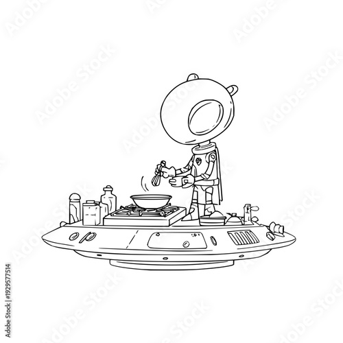 Astronaut Cooking on Flying Saucer in Space