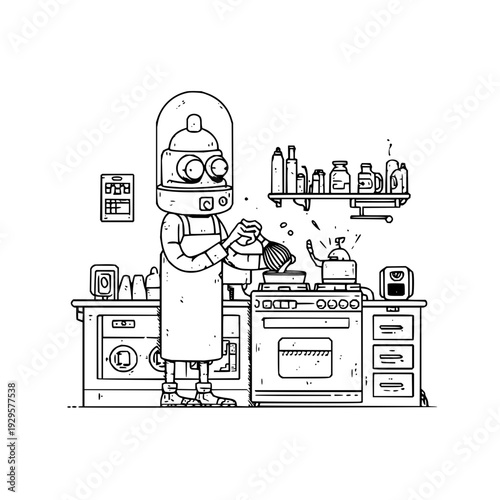 Robot Cooking in Kitchen with Utensils and Appliances