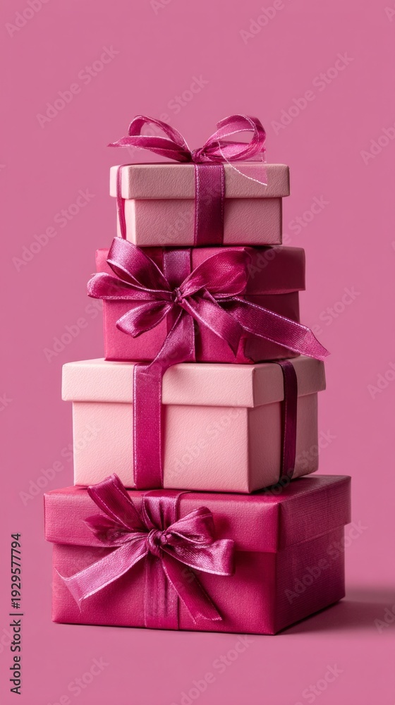 Fototapeta premium A stack of pink boxes with bows on top of each other