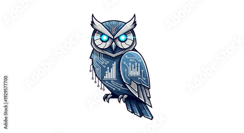 Futuristic Technology Owl with Circuit Board Patterns and Glowing Eyes on Isolated White Background