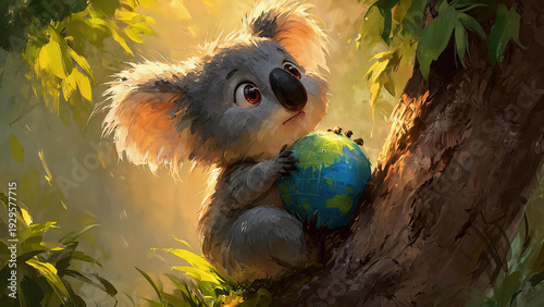 Cute 3D koala character hugging Earth globe in sunlit forest