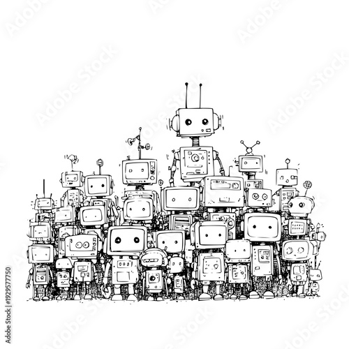 Robots Standing Together in Black and White Illustration Isolated on White