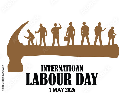 International labour day celebration with workers and a large hammer