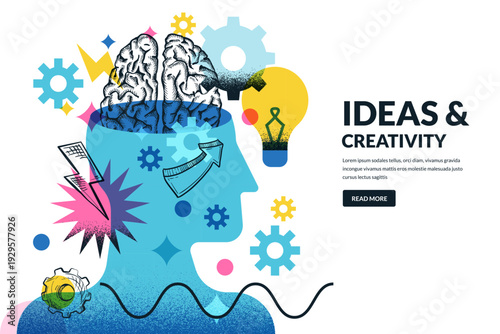 Vector sketch collage with human head, light bulb, brain. Creative concept of creative thinking, education, innovationVector sketch collage with human head, light bulb, brain. Creative concept of crea