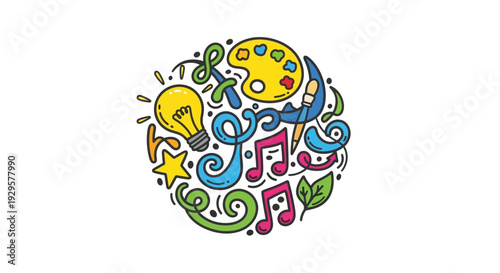Creative Arts Concept with Light Bulb, Paint Palette, Music Notes, and Swirls on Isolated White Background