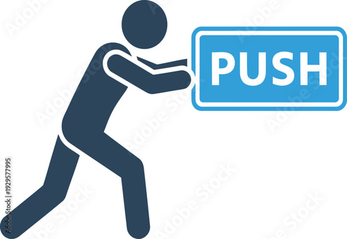 Person pushing a button with the word PUSH on it, exerting effort and force
