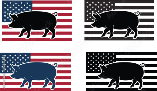 Stylized pig silhouettes over American flag backgrounds, patriotic vector illustration combining agriculture, livestock, farming symbolism, and creative design 