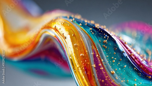 Colorful 3D fluid swirl with golden droplets abstract texture