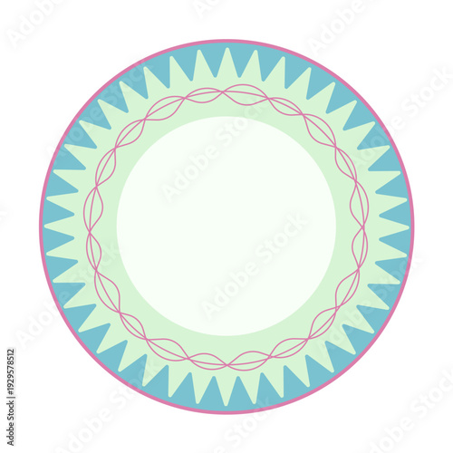 Decorative plate design with blue zigzag edges and pink wavy patterns. Modern circular ceramic ornament for tableware, home decor, and porcelain.