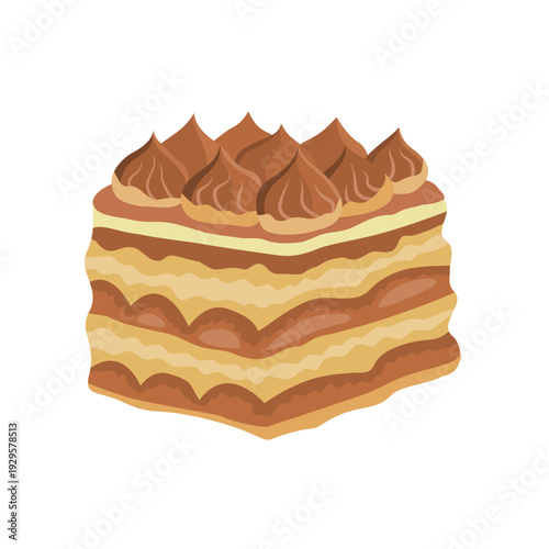 Delicious tiramisu cake slice with cocoa powder. Italian dessert vector illustration with Sweet pastry design for cafe menu, isolated on white.