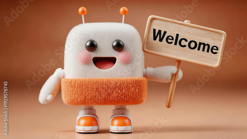Cute happy toy robot holding a welcome sign on orange background