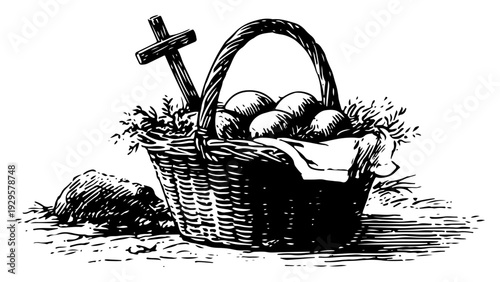 Detailed vintage engraving of a traditional Easter basket filled with eggs and a wooden cross