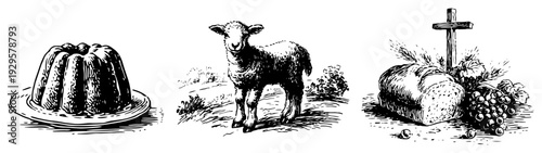 Set of religious Easter symbols including a sacrificial lamb traditional cake and holy bread