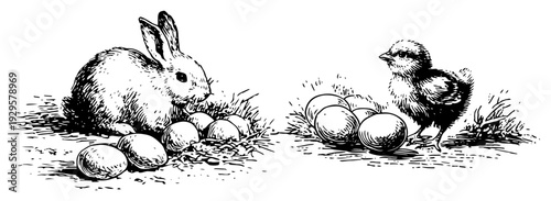 Set of vintage illustrations featuring an easter bunny and a small chick with eggs