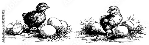 Two classic woodcut scenes of young chicks standing next to easter eggs