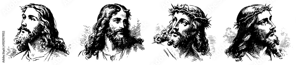 Fototapeta premium Set of vintage hand drawn portraits of Jesus Christ featuring different expressions and crown of thorns