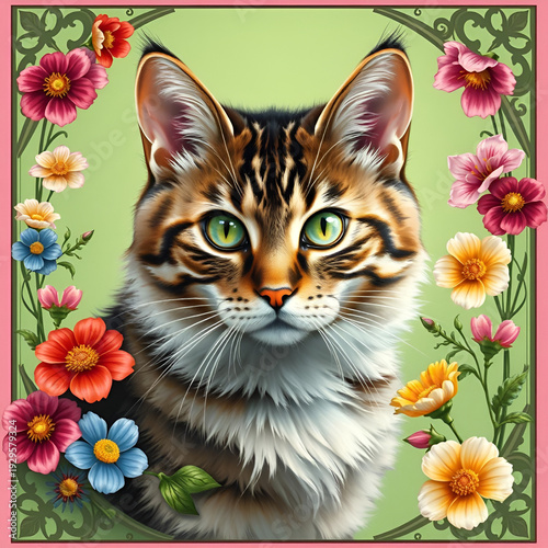 Portrait of a tabby cat with green eyes and flowers