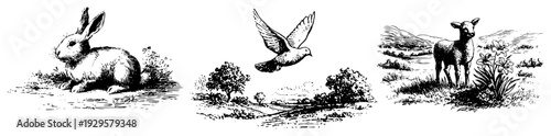 Collection of three symbolic animals including a bunny rabbit dove and lamb