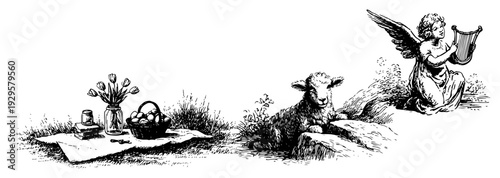 Set of hand drawn vintage illustrations including an angel playing a harp a lamb and an Easter picnic