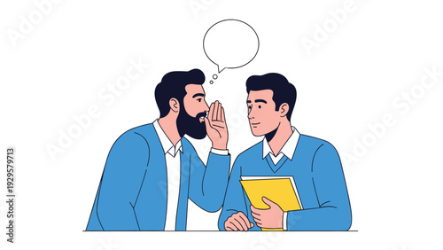 Two male colleagues in blue sweaters whispering secrets and gossiping together while one holds a bright yellow document folder.