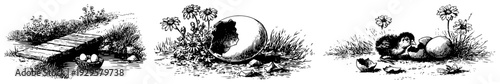 Set of three small vintage sketches featuring easter eggs near a bridge and a hatching chick