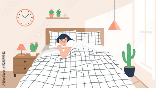 Young woman sleeping peacefully in her cozy bedroom with a checkered blanket, surrounded by houseplants and warm orange lamplight.