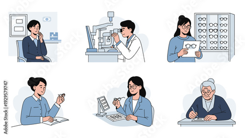 Collection of scenes featuring people having eye exams, choosing new glasses, and visiting a professional ophthalmologist clinic.