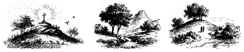 Three landscape vignettes in classic engraving style depicting religious crosses and scenic hill views
