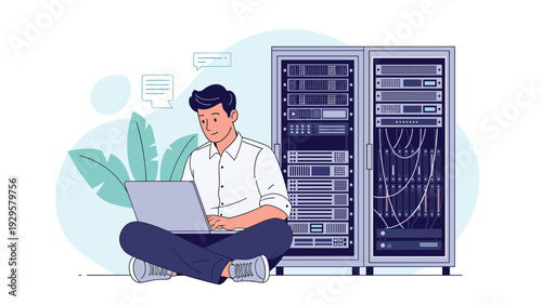 IT technician sitting on the floor and working on his laptop next to high-performance computer servers and network equipment racks.