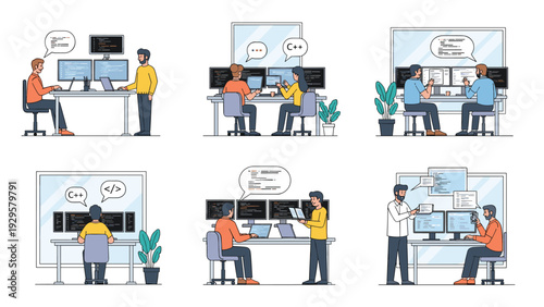 Team of software engineers and programmers collaborating on coding projects and debugging systems in a modern technology office space.