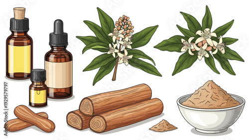 Selection of natural ingredients for aromatherapy including sandalwood logs, essential oil glass bottles, and fragrant white flowers.