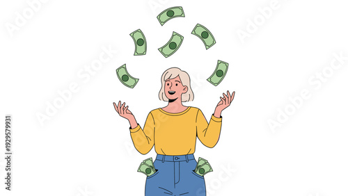 Joyful young woman with blonde hair stands with her arms open as paper money falls from the sky and fills her denim pockets.