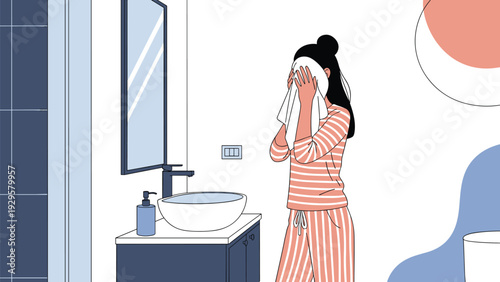 Young woman in striped pajamas dries her face with a white towel while standing in a modern bathroom in front of a mirror.