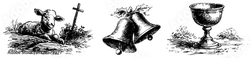 Religious Easter symbols featuring the lamb of god church bells and a holy communion chalice in engraving style