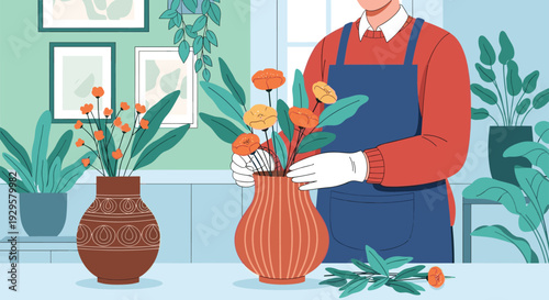 Florist arranging flowers in vase at home interior with decorative plants and botanical workspace