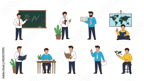 Collection of male characters in professional attire performing various educational tasks such as teaching, reading, and presenting data.