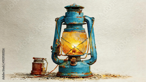 Vintage blue lantern on white background with rustic texture