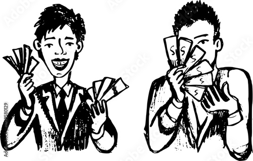 Set of hand drawn sketches of a businessman holding money. Happy man and man hiding his face behind cash. Vector illustration.