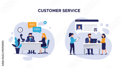 Customer service representatives interact with clients and colleagues in an office environment to solve problems and provide support.
