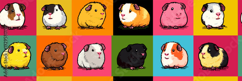 Nine cute guinea pigs in a colorful pop art distinct grid pattern. Pop art guinea pig distinct pet portraits grid