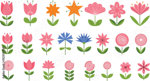 Colorful decorative flower icon collection with modern floral plants and botanical design elements