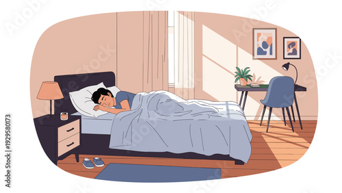 Young man sleeps peacefully in a comfortable bed in a sunlit bedroom with a desk, chair, and large window during the morning.