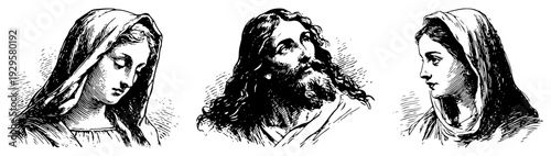Collection of three biblical portraits featuring Jesus Christ and the Virgin Mary