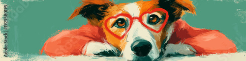 Doodle dog wearing a red heart sweater with heart-shaped glasses. Dog wearing red heart sweater and glasses for Valentine