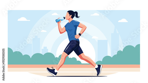 Active woman in athletic clothing runs along a city path while drinking water from a bottle with a skyline in the background.