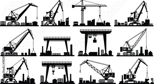 Black industrial crane silhouette set with tower cranes gantry cranes and mobile machinery for construction logistics shipping port terminal and urban building site development vector